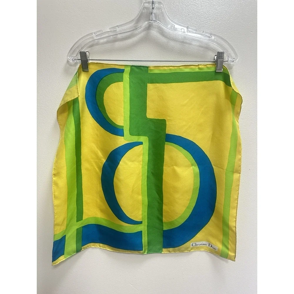 Vintage Christian Dior 70s Silk OP Art Scarf 100% Silky Yellow, Blue, Green